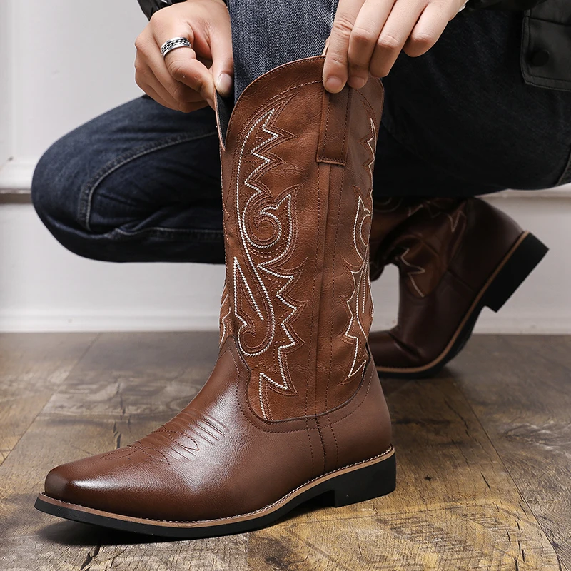 Men High Boots Embroidery Retro Handmade Mens Boots Western Cowboy Boot Pointed Toe Boots Hand Stitching Outdoor Men's Shoes