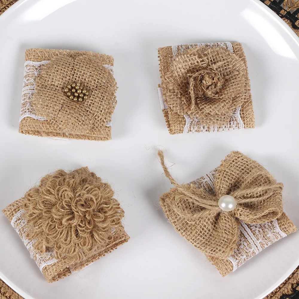 4PCS DIY Jute Napkin Ring Creative Flower Bow Napkin Buckle Hotel Wedding Supplies Handmade Napkin Christmas Decoration Table