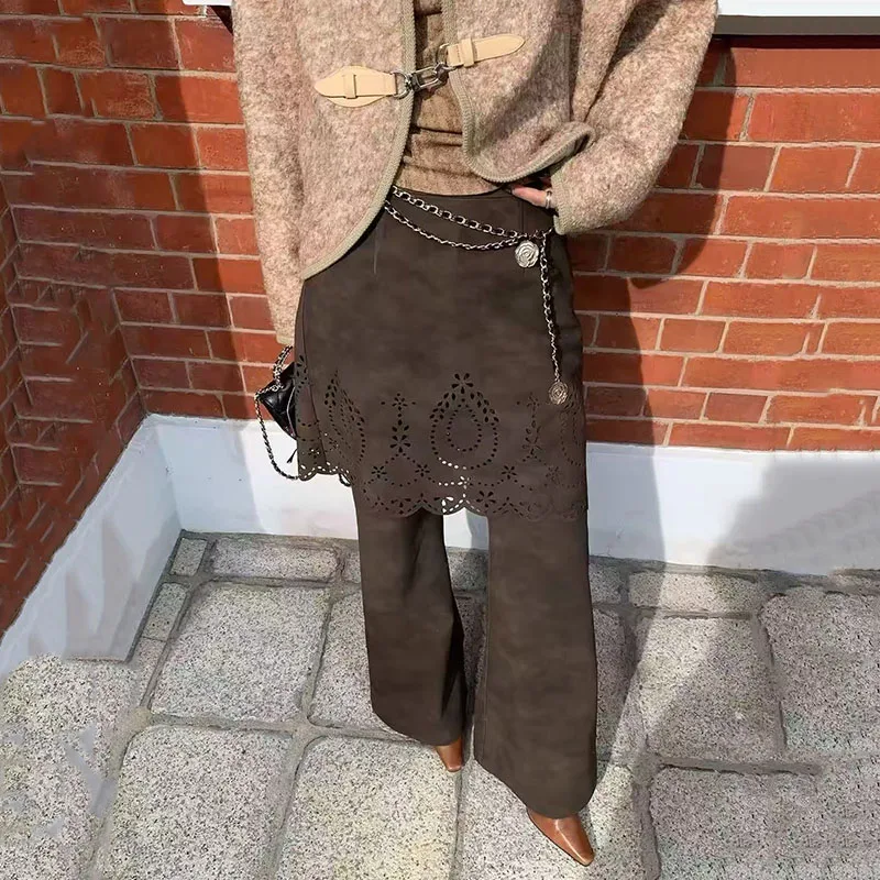 Retro Hollow Out Patchwork Wide Leg Pants Women Fall High Waist Fake 2 Piece Flared Pants Elegant Office Lady Straight Trousers