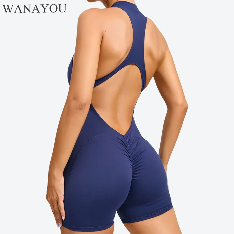 

WANAYOU Women's Zippered Open Necked Tight,High Elastic Yoga Jumpsuit,Sports Running Jumpsuit Fitness Shorts Yoga Suit