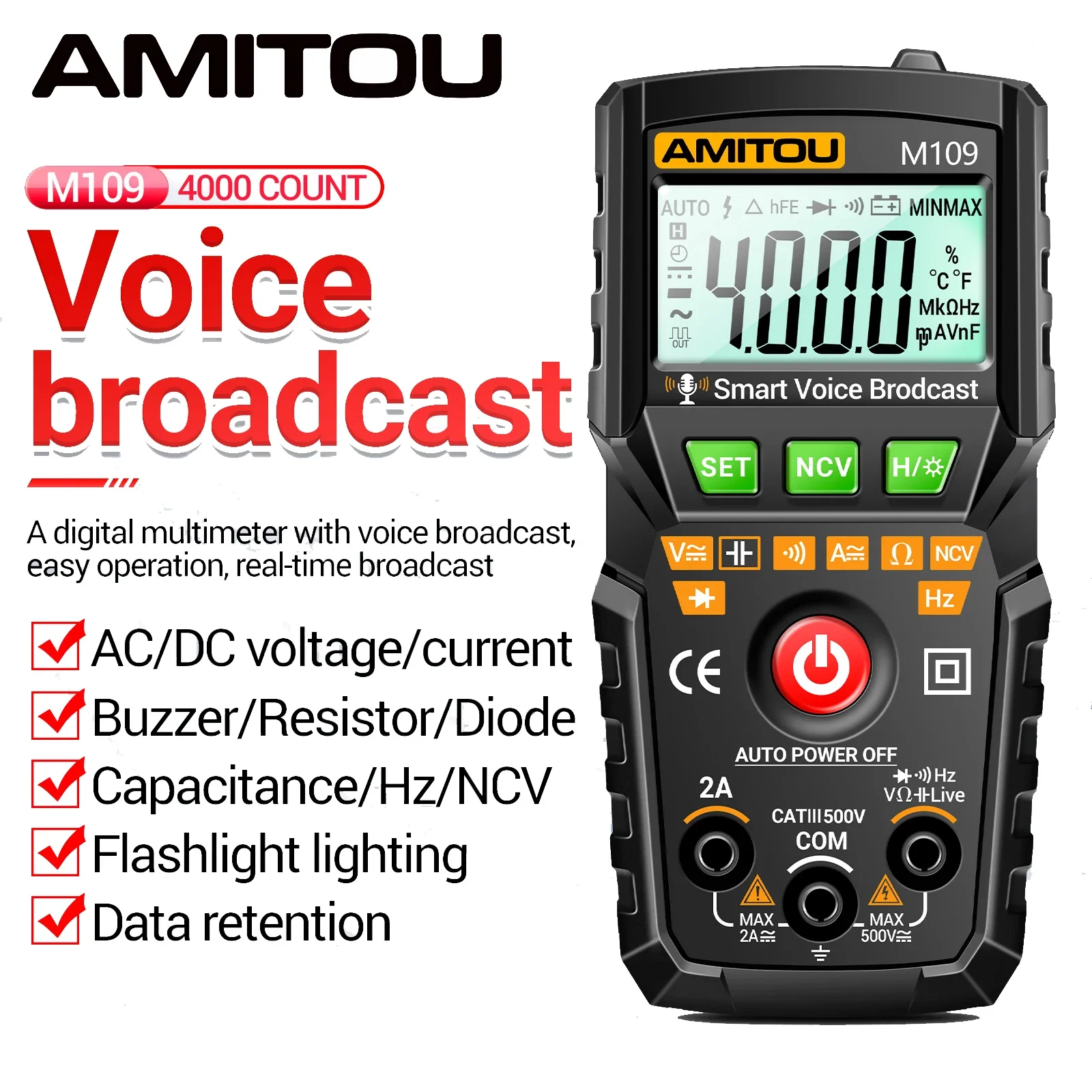 AMITOU M109 Smart Voice Broadcast Multimeter True RMS AC/DC Voltmeter Ammeter Multimetro Voltage Tester Professional Test Tools