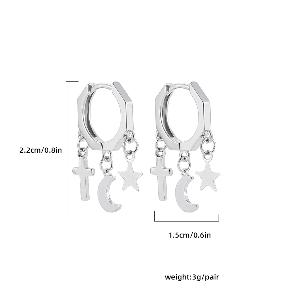 Religious Silver Color Star Moon Cross Charms Huggies Earrings for Women Girls Geometric Polygonal Small Hoop Earrings Punk Gift
