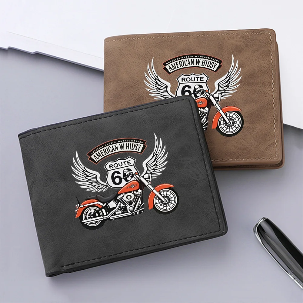 Men's Vintage PU Leather Double-Fold Wallet with Motorcycle Wing-Shaped Print Casual Short-Style Men's Wallet