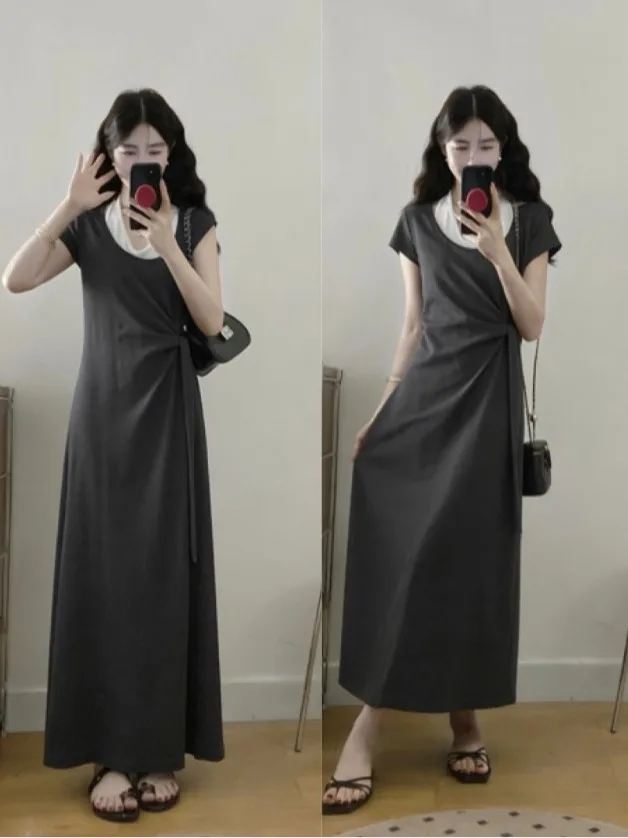 

Summer plus Size Women's Dress Waist-Cinching Meat- Concealing Slimming Fashionable Casual Loose Fit Gathered Mid-Length