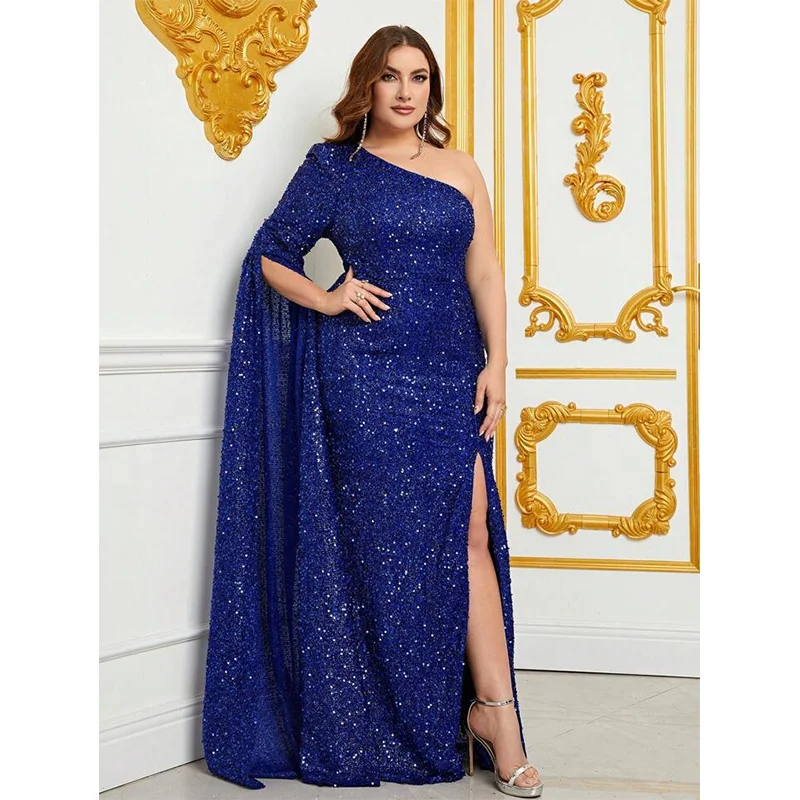 Plus Size Off-Shoulder Shawl Sequined Royal Blue 5XL 6XL Evening Gown Big Size Slit Luxurious Sparkling Women's Evening Dreeses