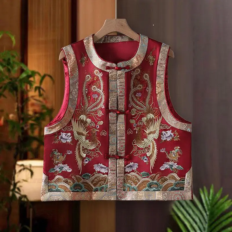 

Embroidered Phoenix Vest Women Qipao Shirt New Chinese Style Vest Tang Clothes Vintage Ethnic Style Hanfu Jacket Outwear