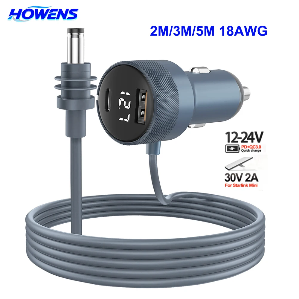 HOWENS Waterproof Starlink Mini Power Adapter 12-24V to 30V 2A Step Up Converter QC3.0+PD Type C Phone Charger Digital Voltmeter