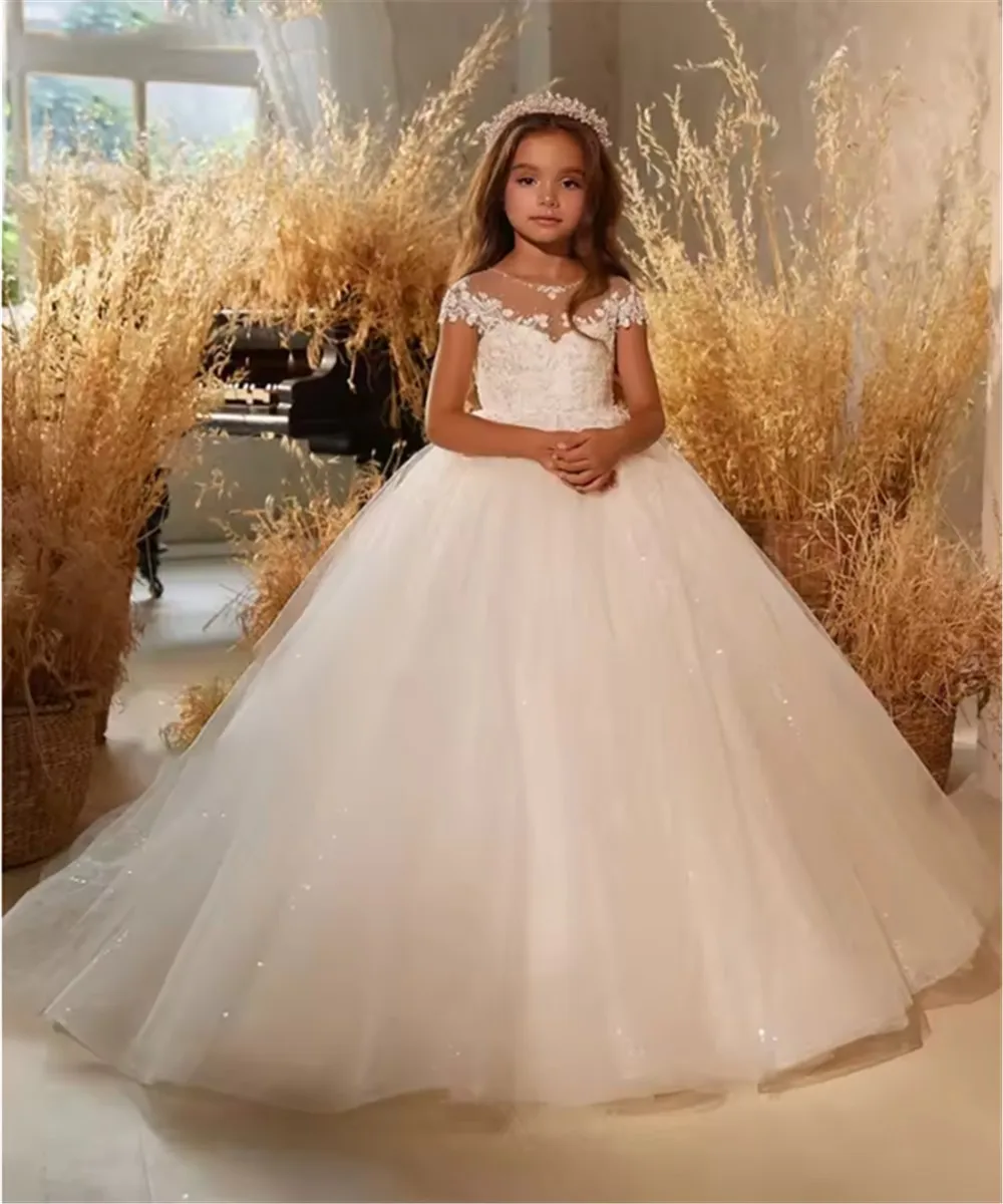 

Customized Elegant Princess Flower Girl Dress For Wedding Appliques Short Sleeves Birthday Party First Communion Pageant Gown