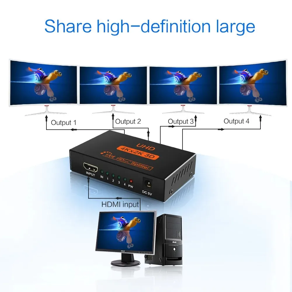 1-in-4-out HDMI-kompatibler Splitter UHD 4K X 2K 3D HDTV Splitter 1X4 Video Splitter HD-Kabeladapter für HDTV DVD PS3/4 Xbox – Detail 3