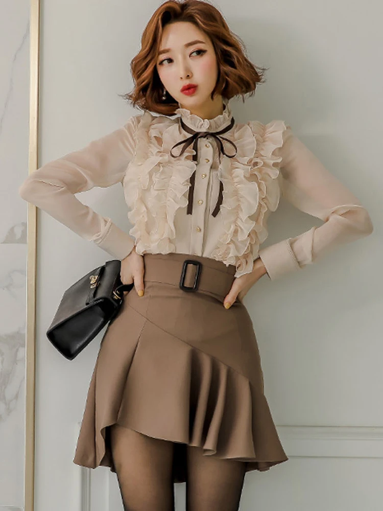 

Fashion Elegant 2 Piece Sets for Women Korean Cute Sheer Long Sleeve Shirt Tops Femme Mini Skirt Outfit Mujer Work Style Clothes