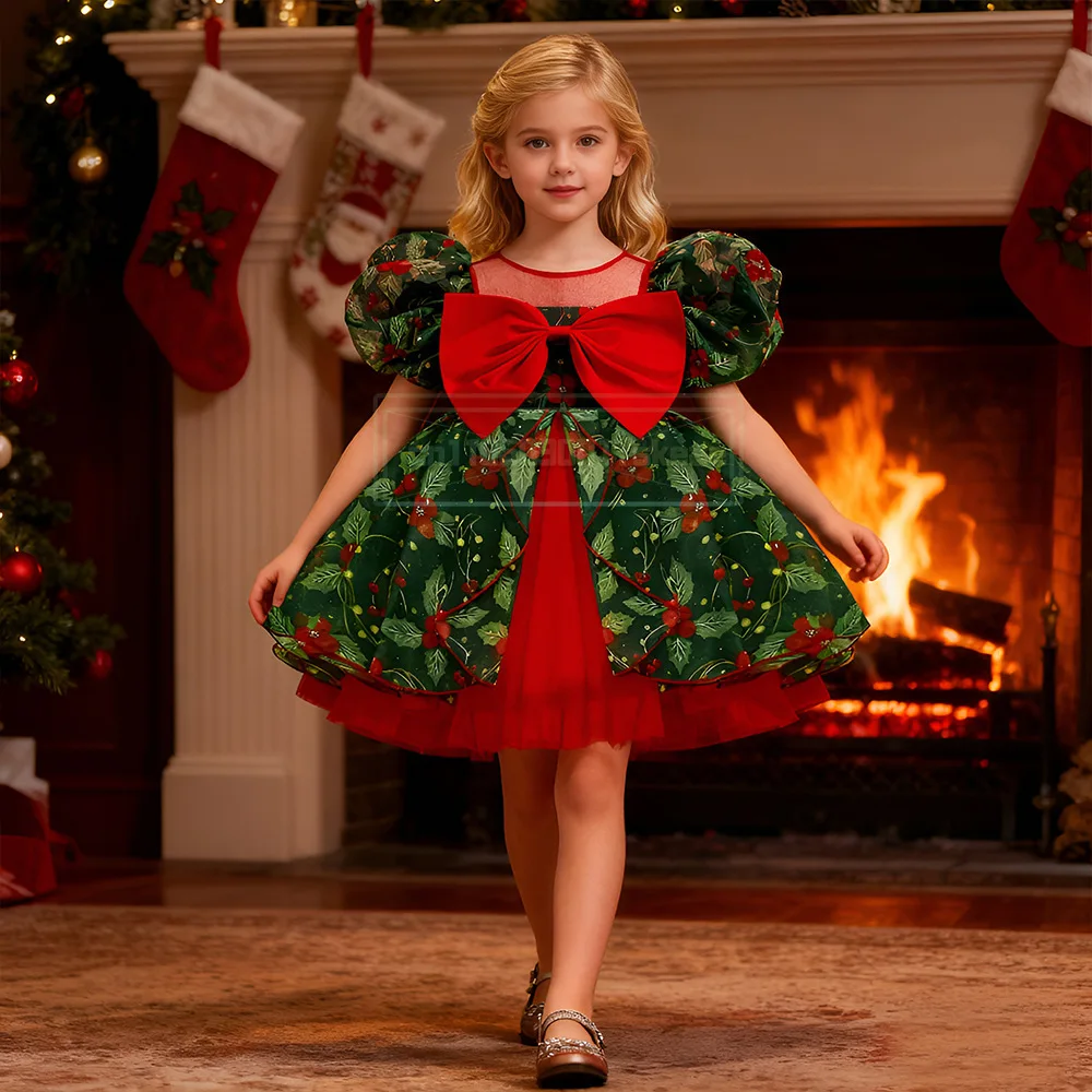 

Christmas Dresses Girl Cartoon Print Princess Dress Children Red and Green Sequined Mesh Puff BalL Gown Carnival Clothes