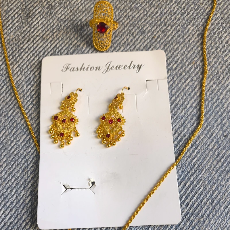 

Fashion France 24K Gold Plated Necklace Earrings Ring Wedding Party Jewelry Set for Lovers DD10850