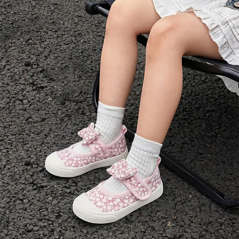 Spring Baby Girls Pink Floral Canvas Shoes ,Toddlers Comfortable Breathable Outdoor Green Floral Print Knot Walking Footwear
