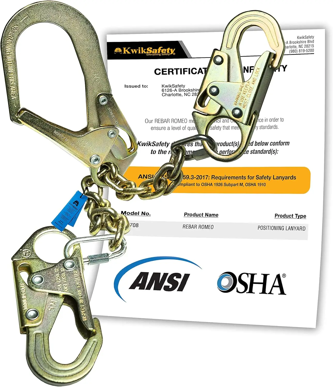 

29" Steel Rebar Chain Assembly with Self-Locking Hooks, Lightweight Positioning Lanyard for OSHA Compliance