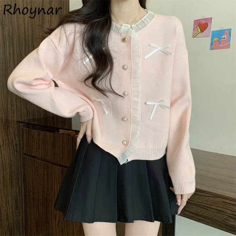 Pink Knitted Cardigan Women Autumn Aesthetic Girlish Bow Fungus Patchwork Single Breasted Tender Soft Ins Ulzzang Sweater Casual