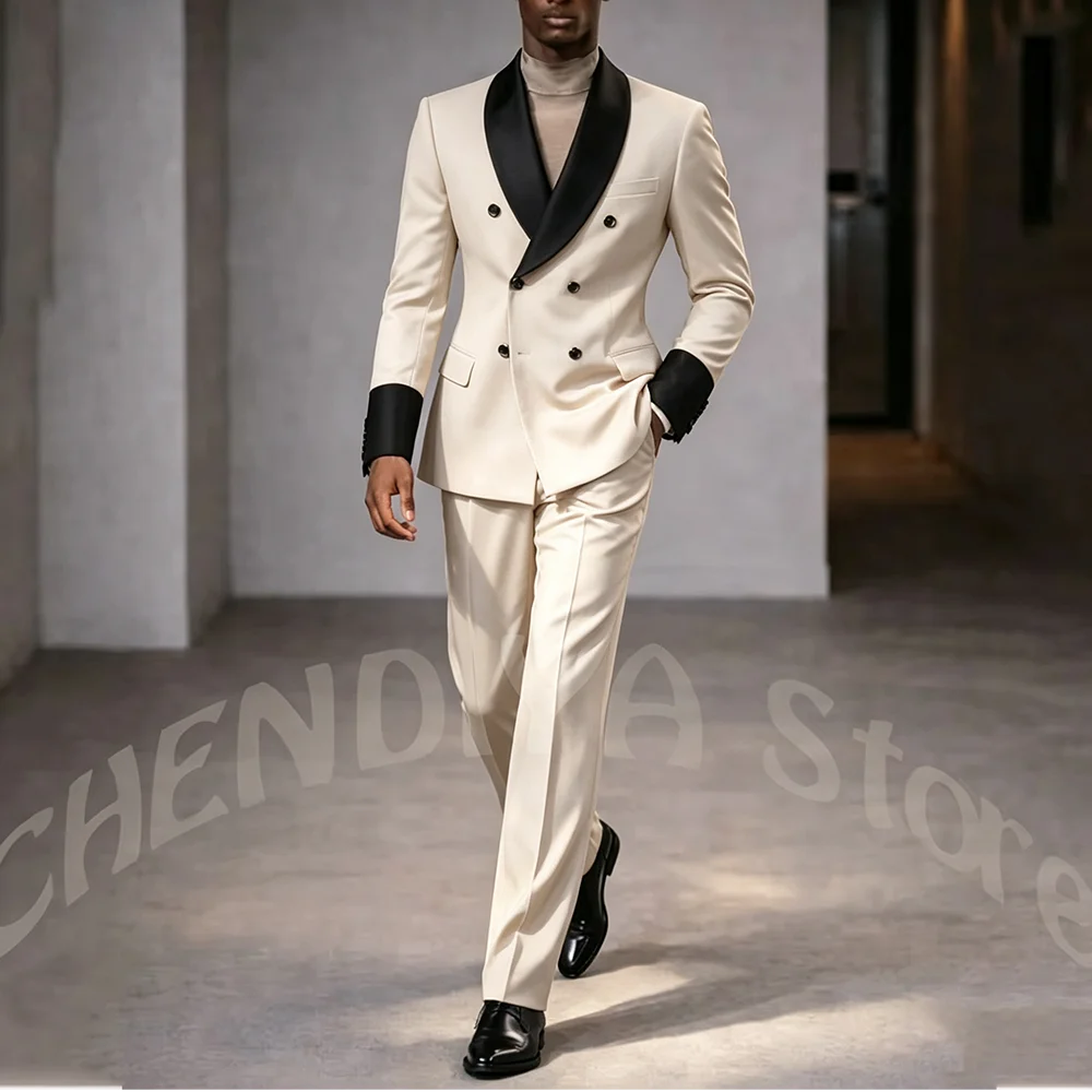 Runway Style Formal Men Suit Double Breasted Satin Shawl Lapel Slim Fit Wedding Groom Prom Party Gentleman Tuxedo 2 Pieces
