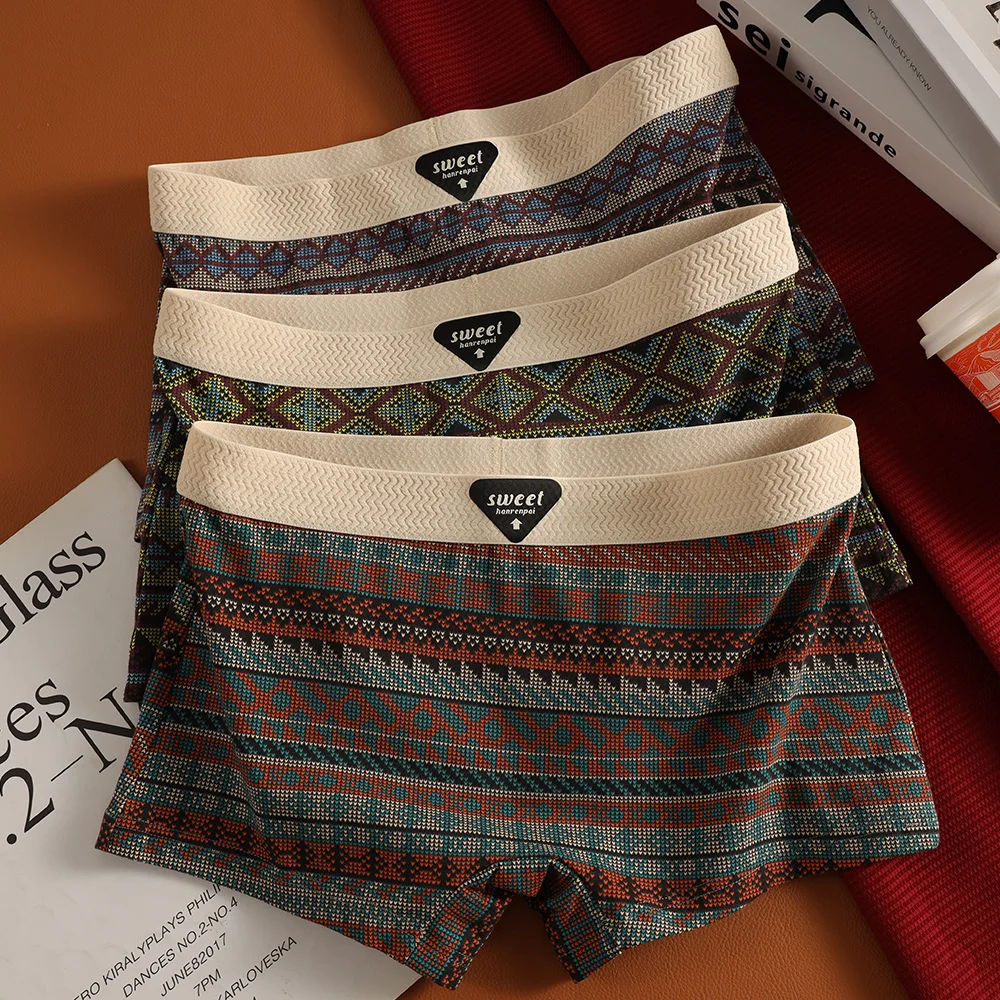 

3PCS/Pack 100% Cotton Vintage Ethnic Print Women's Panties Breathable Comfortable Underwear High Elastic Waistband Safety Shorts