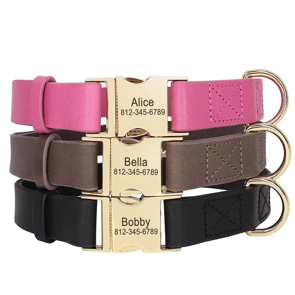 Personalized Leather Dog ID Collar Customized Genuine Leather Dogs Collars Pet Buckle Collar for Small Medium Large Dogs Pitbull