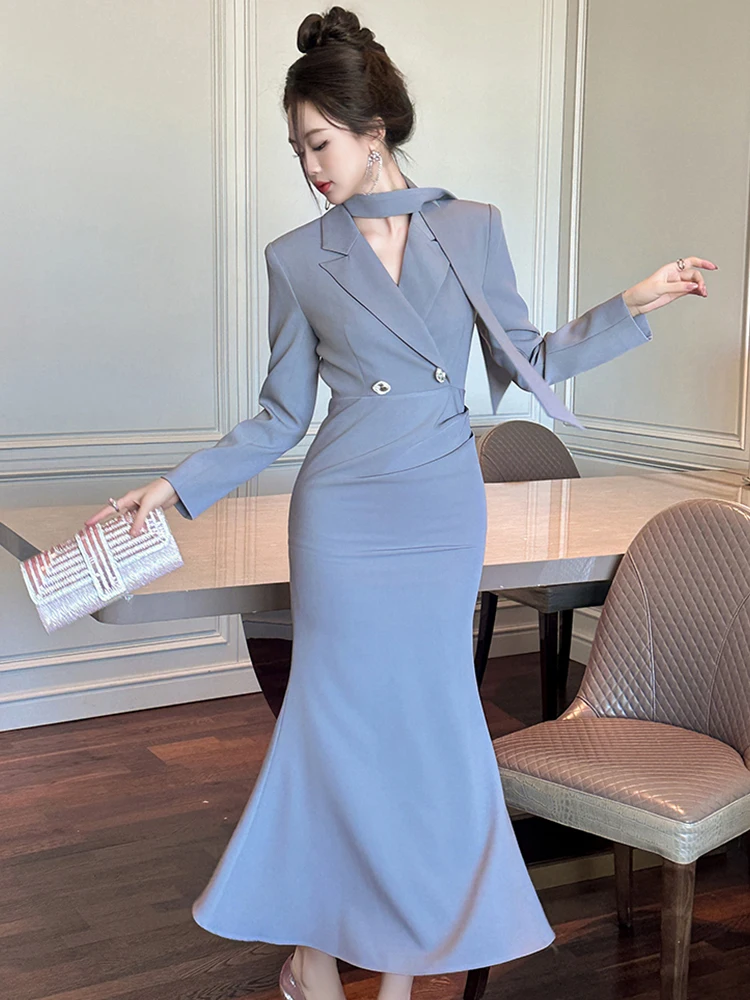 Abiti da donna Business Occasioni formali Solido Risvolto Slim Midi Abito a coda di pesce Elegante donna Pendolarismo Moda Abiti Veste Primavera