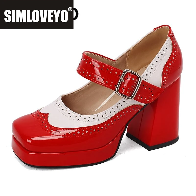 

SIMLOVEYO Блестящие женские туфли-лодочки с квадратным носком на массивном каблуке 9,5 см на платформе 2 см с пряжкой и ремешком Разноцветные туфли Мэри Джейн большого размера 47 48