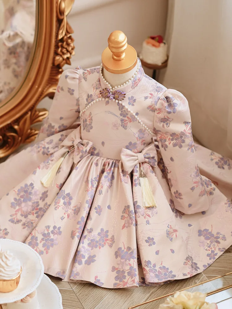 Baby Girls Long Sleeve Evening Princess Ball Gown Kids Cute Bow Beading Design Birthday Party Wedding Boutique Dresses y1127