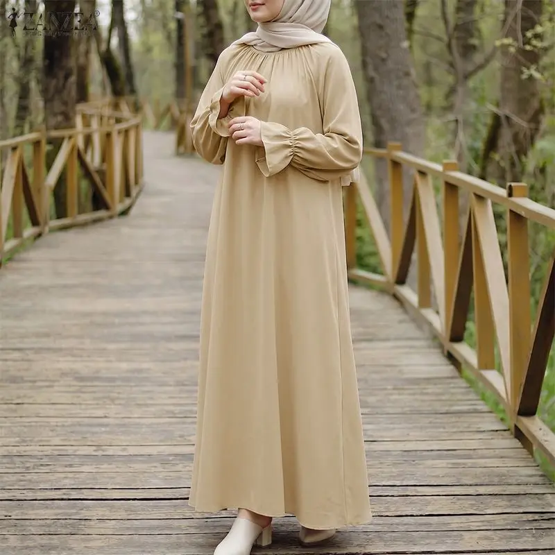 ZANZEA Plus Size 5XL Muslim Modest Maxi Dress Womens Casual Gathered O-Neck Long Sleeve Loose Abaya Robes Islamic Hijabis Kaftan view 4