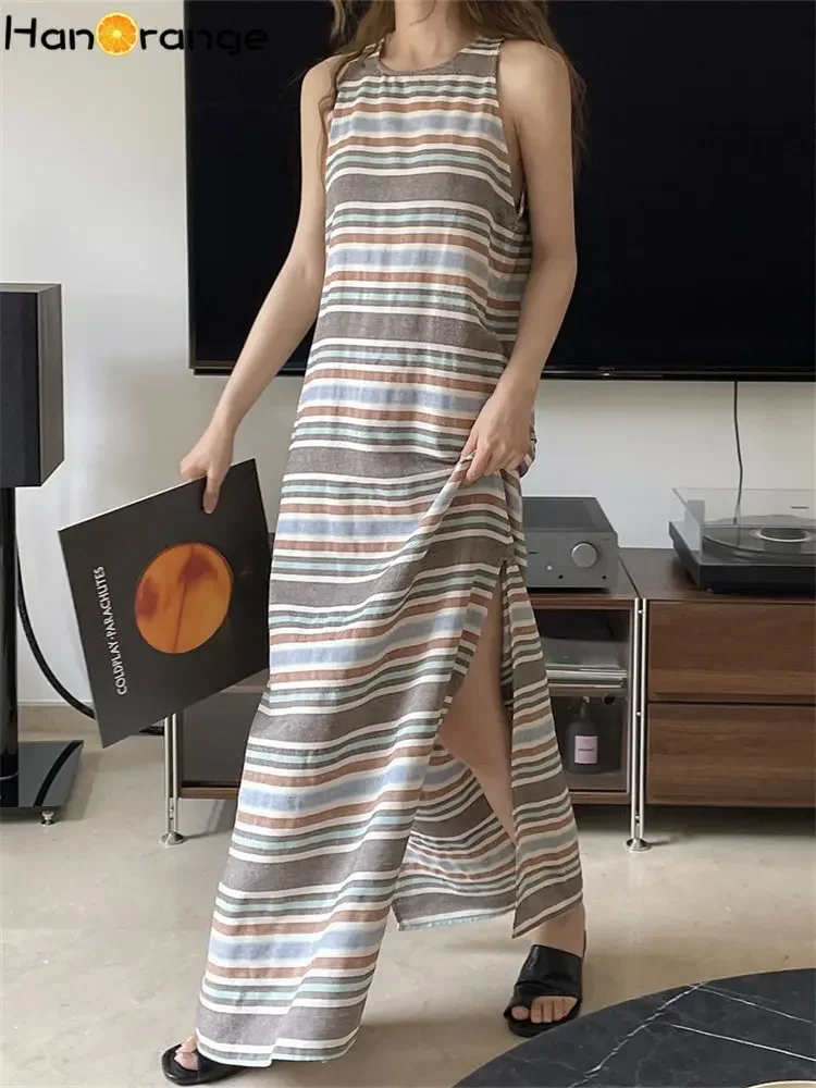 

HanOrange 2025 Summer Linen Stripe Straight Tank Dress Loose Side Split Sleeveless Long Dress Cotton Linen