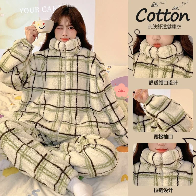 

winter Women's pajamas Korean version stand collar zipper suit Pajama Set coral fleece fleece-lined thicken flannel homewear