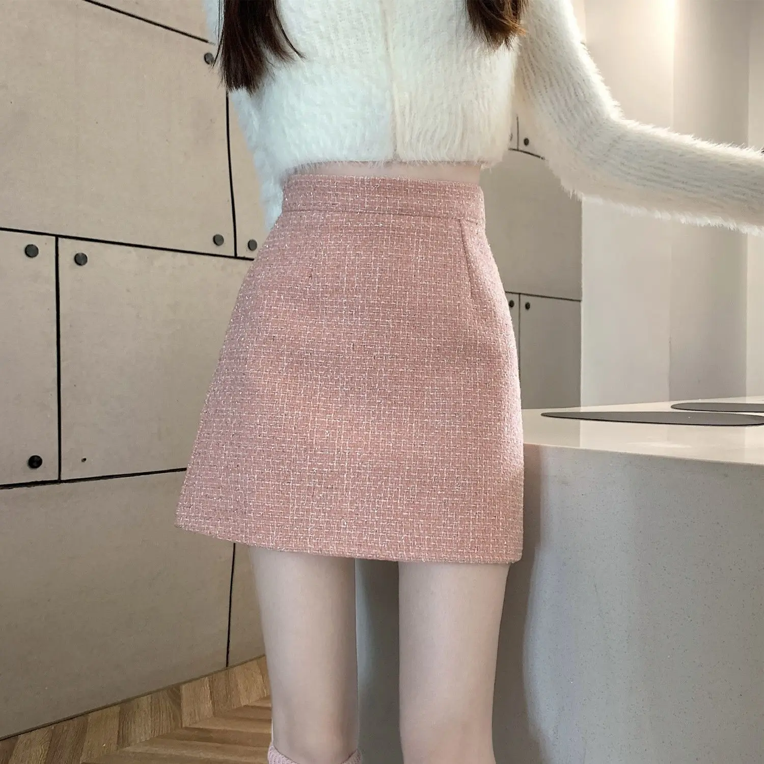 Autumn Winter A Line High Waist Mini Tweed Skirt Pink Elegant Summer Jupe Faldas Mujer