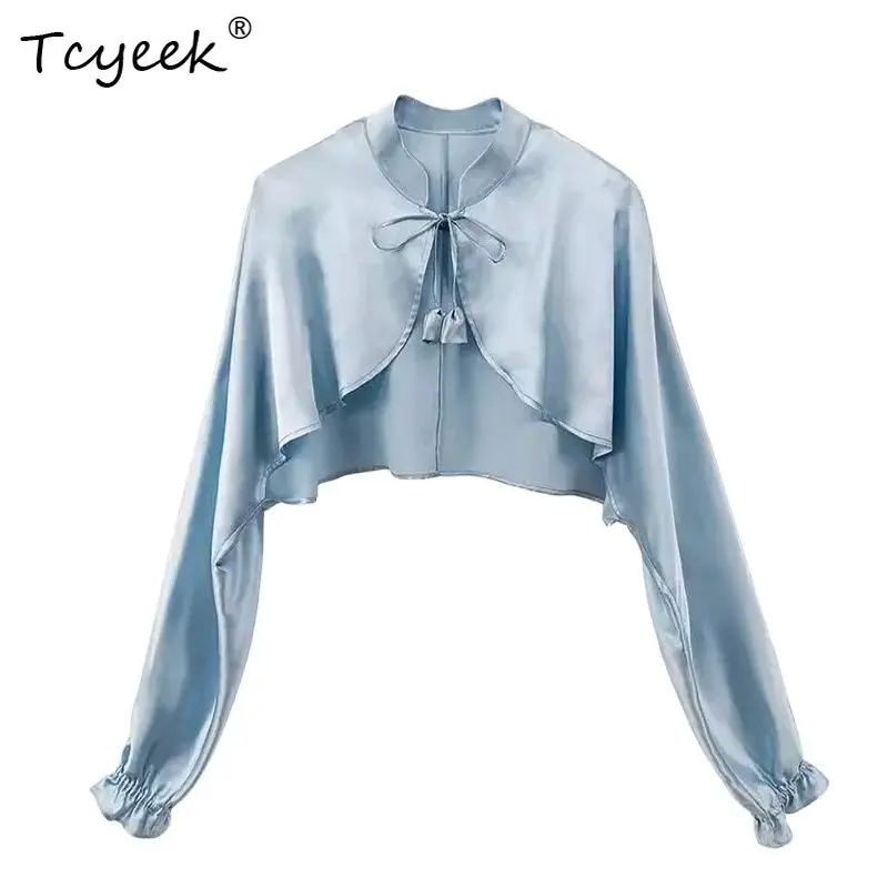 

Tcyeek, 19MM 100%Real Silk Sunscreen Shirt, Women Long Sleeve Solid, French Shawl Short Blouses, 2024 Summer Autumn T47971QC