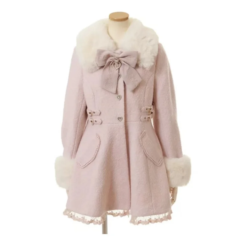 Cappotto invernale da ragazza elegante giapponese tinta unita colletto in peluche delicato fiocco dolce bottone d'amore alla moda capispalla per il tempo libero in pizzo carino