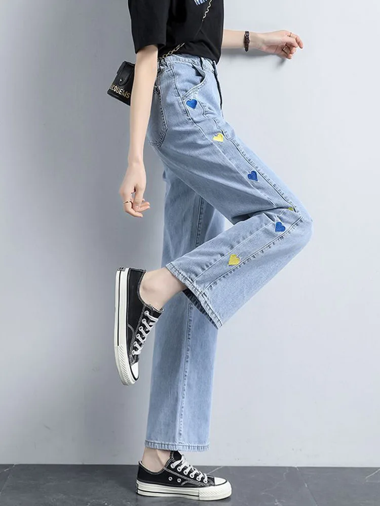 Damskie luźne jeansy z haftowanym motywem \"Love\", z wysokim stanem, w stylu koreańskim, casualowe spodnie dżinsowe, vintage, proste, z szerokimi nogawkami, vaqueros.