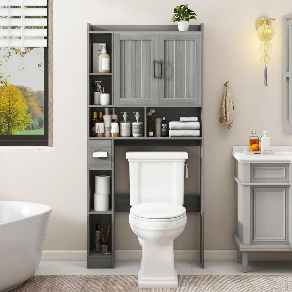

Over The Toilet Storage Cabinet, Farmhouse Storage Cabinet Over Toilet with Barn Door，Home Space-Saving Toilet Rack for Bathroom