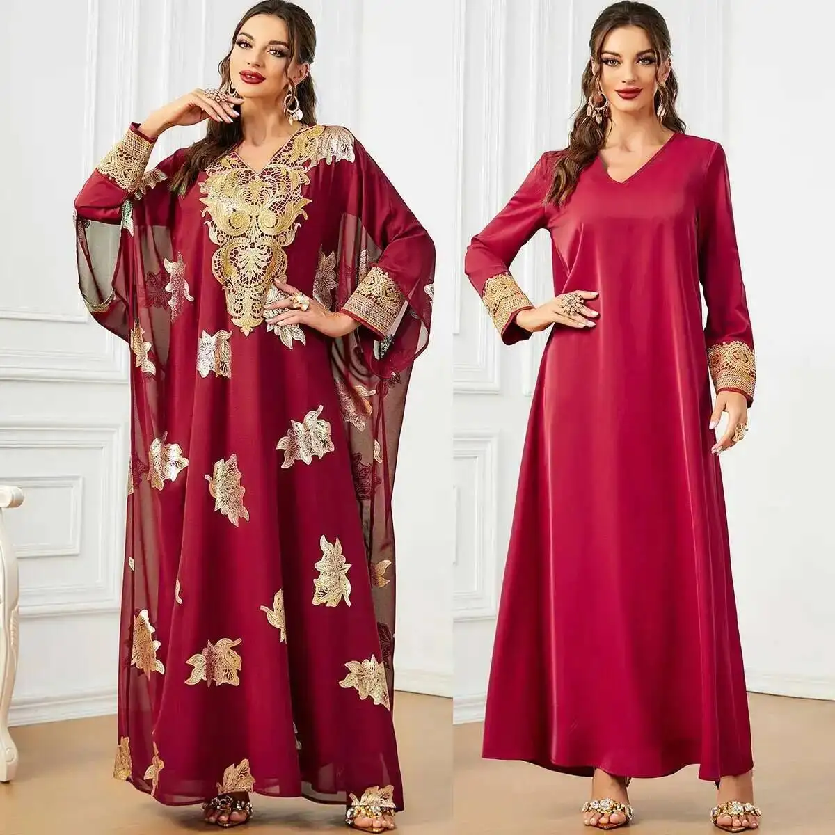 

Dubai 3495 New Muslim Robe Gold Plated Arab Women's Loose Two Piece Set Dress Robe Abaya Ramadan Dubai Luxury Islam Elegant