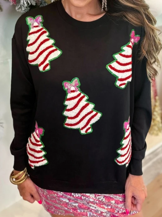 

Christmas Tree Patterned Sequined Sweatshirt Exquisite Graphic Print Sweatshirt Autumn Winter Clothes Woman Fashion Christmas