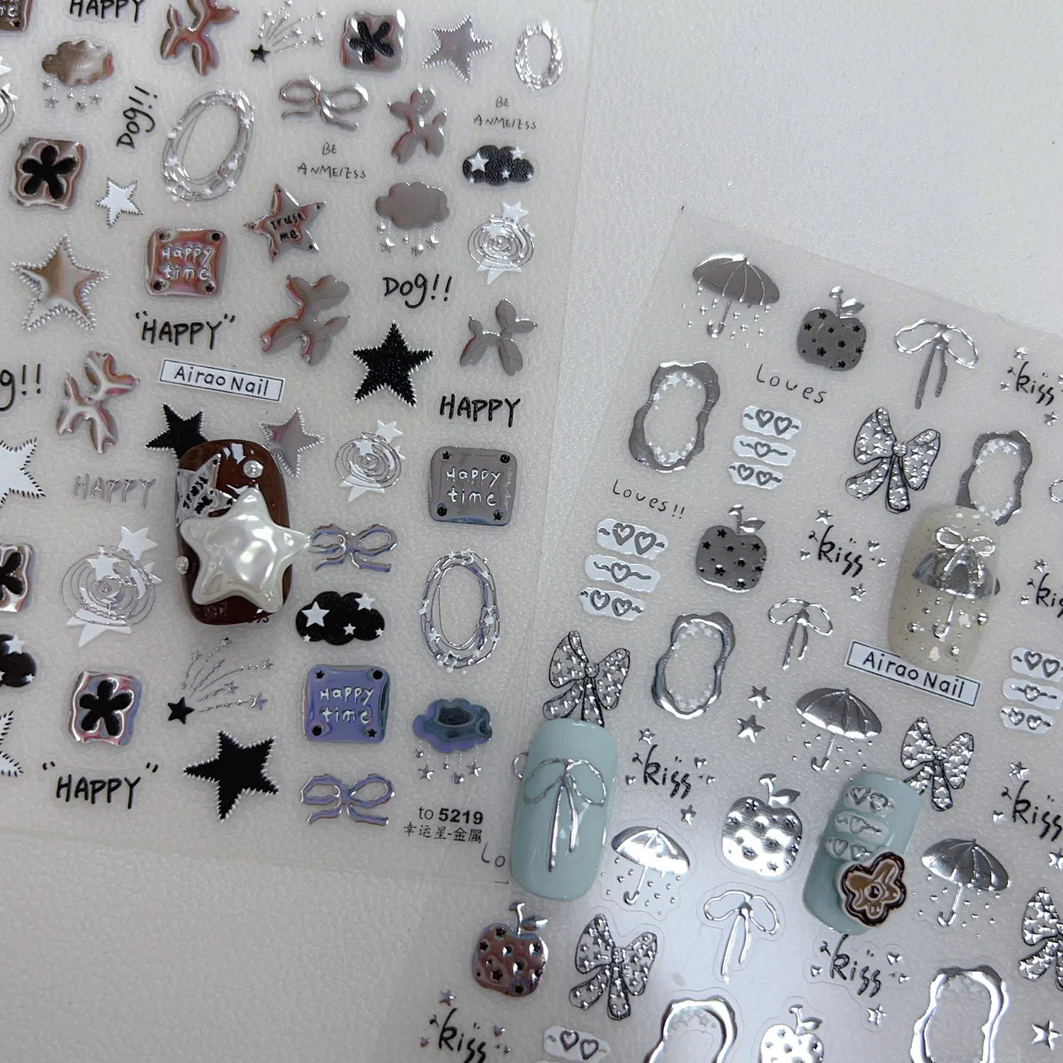 Punk Silver Metal Stars Apple Bowknot Umbrella Irregular Lines Clock Block Moon Heart Gems Photo Frame Nail Art Stickers Decals