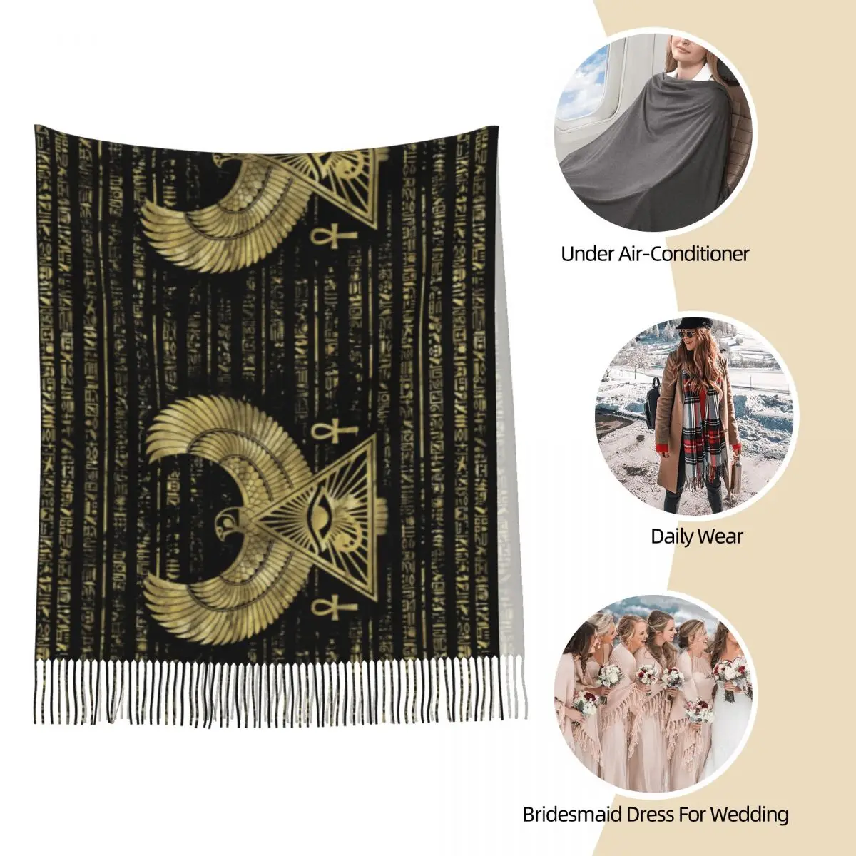 Bufanda con borlas para mujer, chal largo egipcio antiguo, Pashmina Reversible, hieroglifos de Egipto, Horus Anubis, invierno y otoño