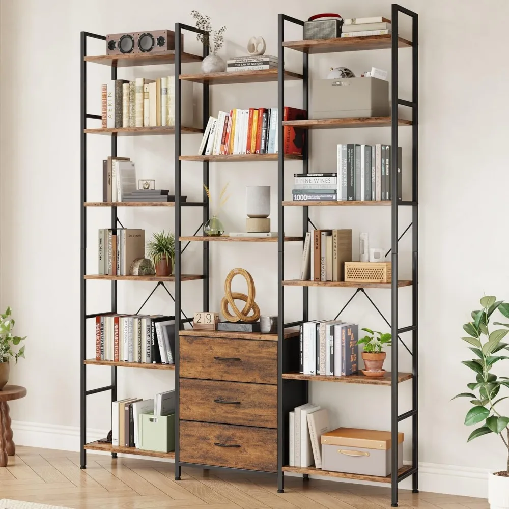 Triple Bookshelf with 3 Drawers, Wide 6-Tier Book Shelf and 10 Display Shelves, Industrial Large Bookcase for Home & Office, Rus