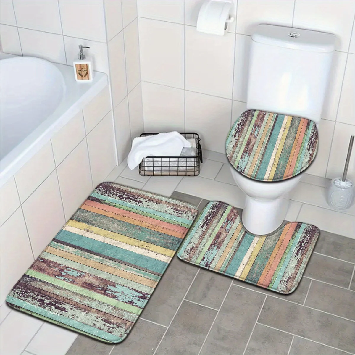 3-piece set European retro series green wood grain bathroom anti-slip mat set toilet seat cushion U-shaped foot pad