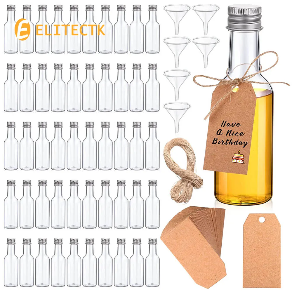 100Pcs Mini Liquor Bottles 1.7oz Plastic Spirit Bottles Mini Plastic Alcohol Shot Bottles with Caps Funnels and Kraft Tags Ropes