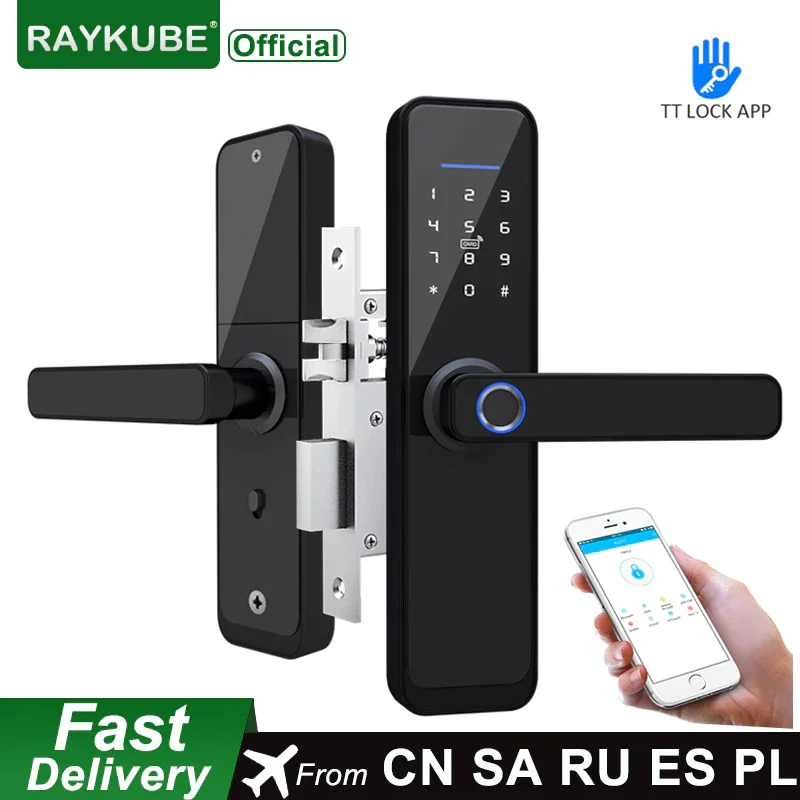 RAYKUBE Fingerprint Door Lock Bluetooth TT Lock APP Electronic Lock Digital 13.56mhz Card Tags Hotel Lock Dual Latch X2