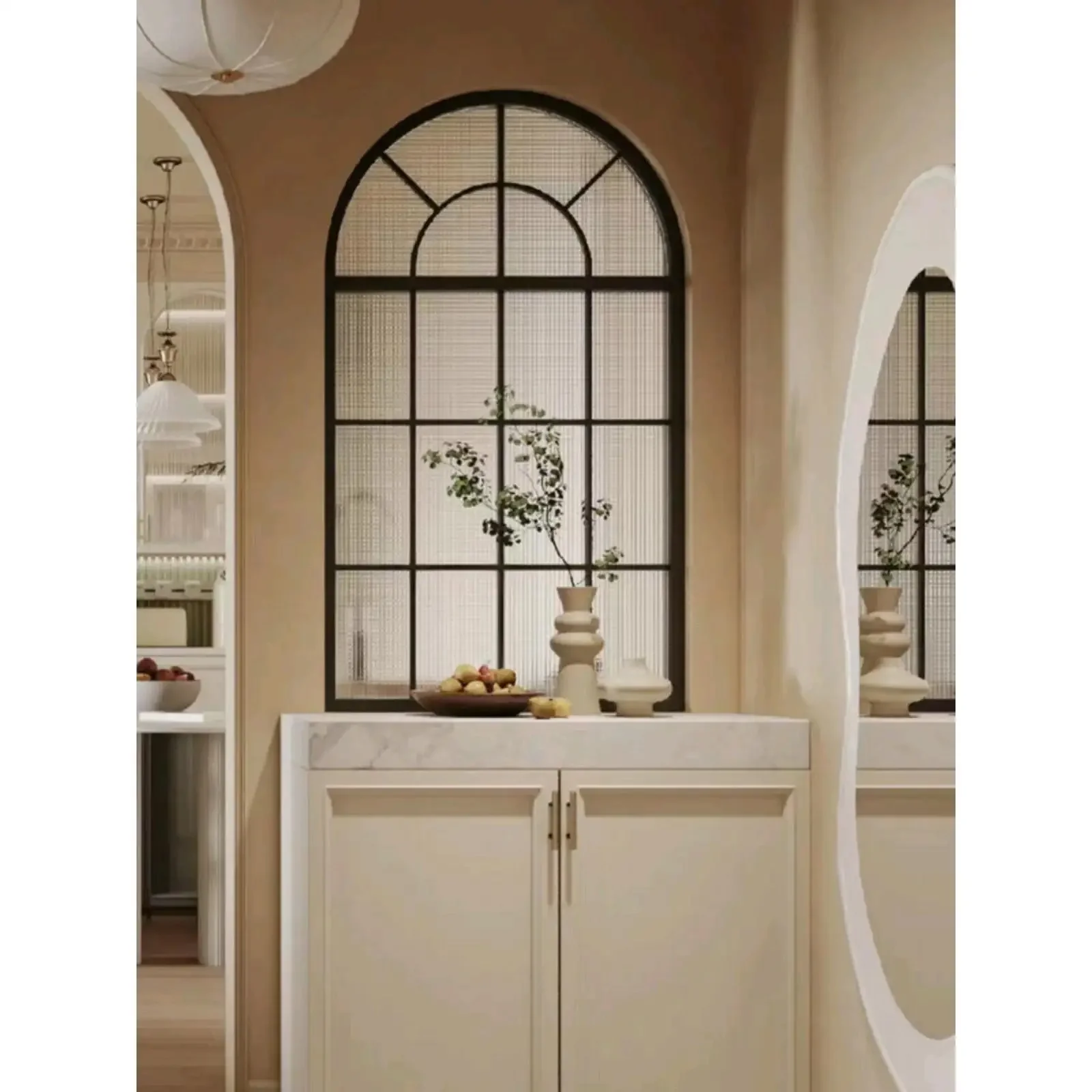 Living room French cream wind entry Arched Changhong glass Stainless steel wrought iron screen Partition porch