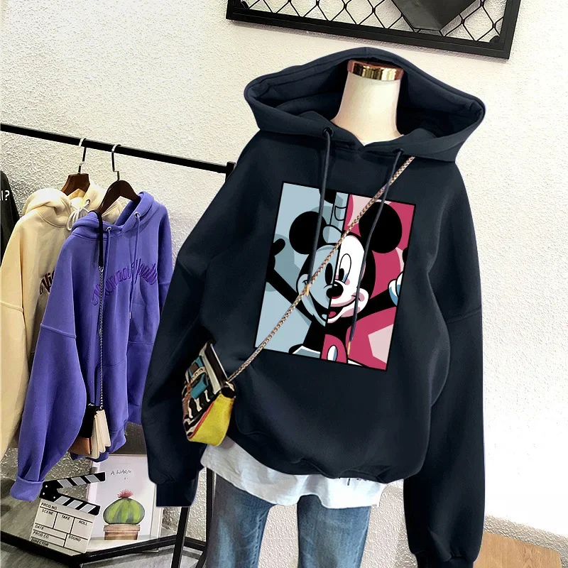 Disney Mickey Mouse Cartoon Print Hooded Sweater Women\'s Spring Autumn Long-sleeved Lazy Style Pullover Casual Ladies Sportswear