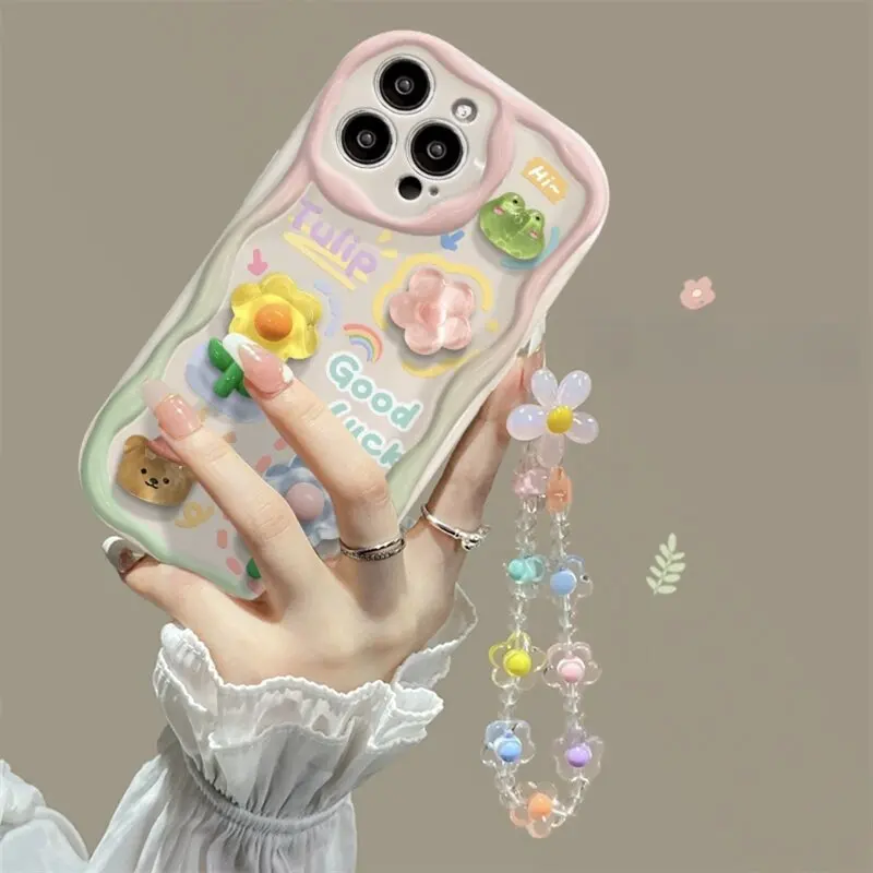 3D Flower Animal Phone Chian Case for Samsung Galaxy S24 S23 Ultra S22 S21 Plus S20 FE A54 A34 A52 A53 A35 A55 A14 A23 A24 Cover