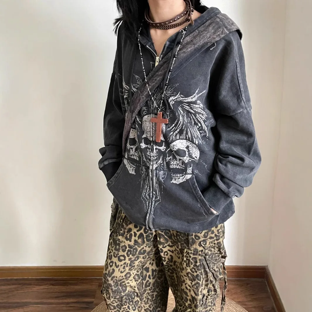 Dark Y2K Gothic Style Hoodies for Women Autumn Winter Punk Retro Skull Print Zip Up Hoodie Sweatshirt Hooded goth Jacket Coat