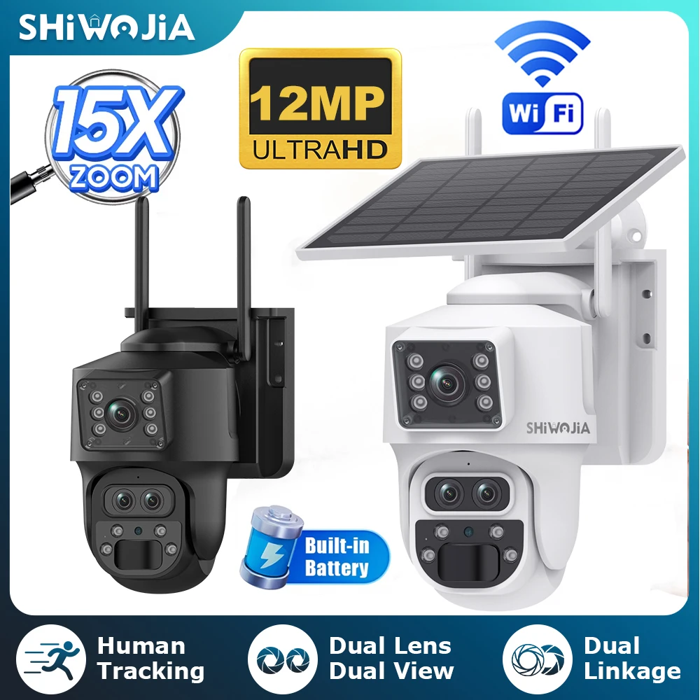 SHIWOJIA 15X ZOOM WIFI Solar Powered Camera 12MP Three Lens 360° View 5W Solar Panel Security Outdoor PTZ Camera 7800mAh Battery