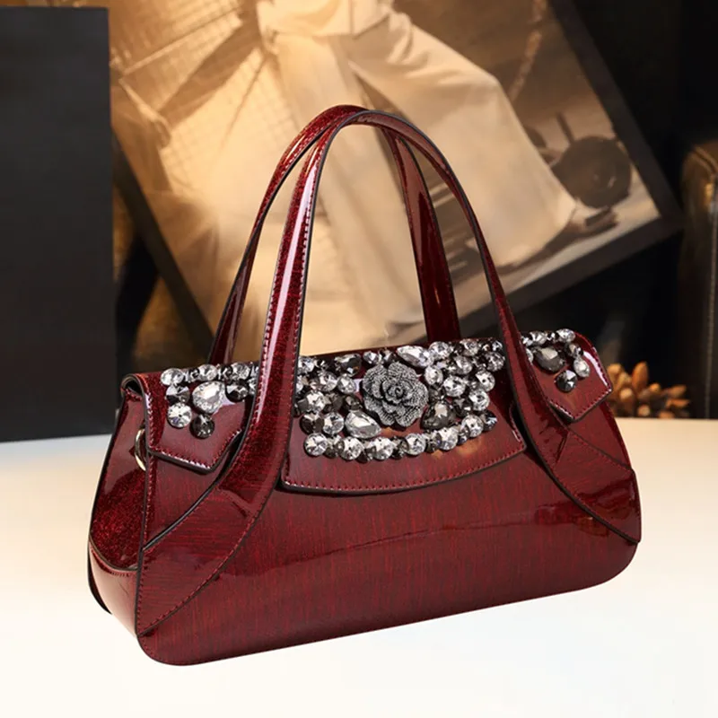 

Genuine Leather Diamonds Women Handbags Large Capacity Shoulder Bag Female 2024 New Rhinestone Boston Pillow Big Bags Tide