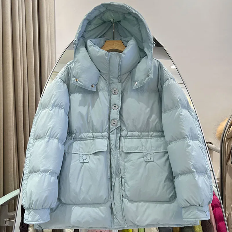 

Женское темпераментное женское пальто с капюшоном, новинка 2025, зимние утепленные пуховики, однотонные женские пуховики на белом утином пуху H557
