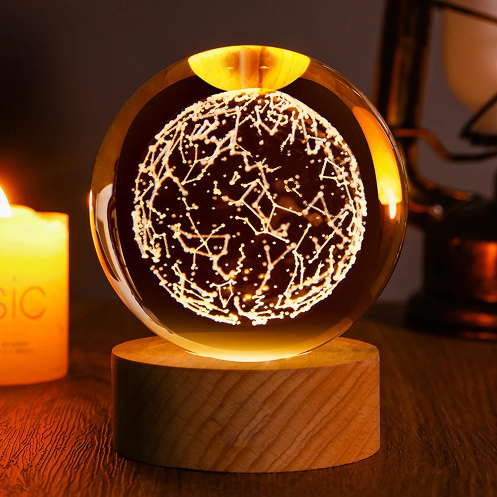 3D Moon Galaxy Globe Night Light Large 3D Galaxy Crystal Ball Night Light Wooden Base LED Crystal Table Lamp Ideal Birthday Gift