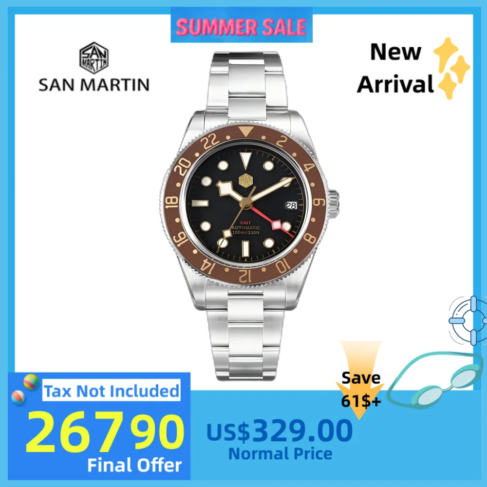 

San Martin 39mm BGW-X1 Luminous Men Luxury Watch 3H Date GMT Gilt Indices Dial Mechanical Self-Wind Wristwatch Reloj SN0109-3